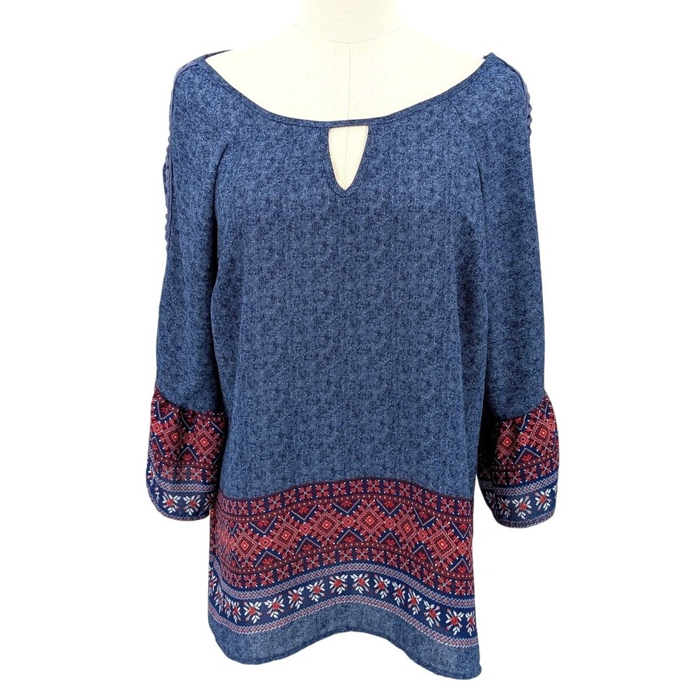 Corvia Boho Tunic Top S Blue‎ Keyhole Tribal Print Bell Sleeve Crochet Detail